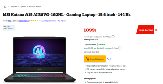 MSI Katana A15 AI B8VG-462NL - Gaming Laptop - 15.6 inch - 144 Hz voor €1.099 bij Bol