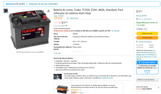 Batería de coche Tudor TC550 55Ah 460A estandar por 51,35€