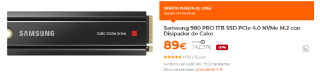 Disco Duro Samsung 980 PRO 1TB SSD PCIe 4.0 NVMe M.2 con Disipador de Calor por 89€