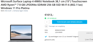Microsoft Surface Laptop 4 Ryzen 7 4980U (15", 8GB, 256GB SSD, Windows 11 Pro, Qwerty) Platinum voor €1013 bij Mymediacenter