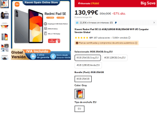 Xiaomi Redmi Pad SE de 8GB/256GB por 130,99€