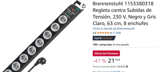 Brennenstuhl 1153380318 Regleta contra Subidas de Tensión, 230 V, Negro y Gris Claro, 63 cm, 8 enchufes por 21,19€