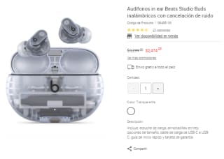 Audífonos in ear Beats Studio Buds por $2,474 en Liverpool