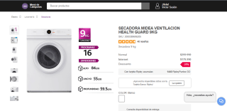 Secadora Midea con ventilación Health Guard de 9 kilos por $179.990