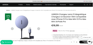 Chargeur Ugreen sans Fil Magnétique à Induction 15W à 16,99€