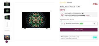 TV TCL MiniLED 75" 75C6K UltraHD 4K Sonido Onkyo Google TV por 867€
