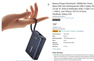 Baseus Picogo Powerbank 10000mAh, Power Bank 45W met Geïntegreerde USB-C Kabel, voor €25,99 bij Amazon
