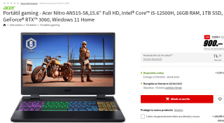 Ordenador Portátil gaming - Acer Nitro AN515-58,15.6" Full HD, Intel® Core™ i5-12500H, 16GB RAM, 1TB SSD, GeForce® RTX™ 3060, Windows 11 Home por 900€