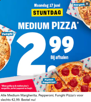 Domino’s pizza voor €2,99 per pizza bij afhalen tijdens de Stuntdag