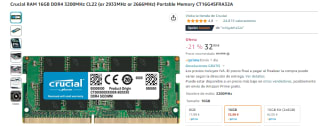 Memoria interna Crucial RAM 16GB DDR4 3200MHz CL22 por 32,99€