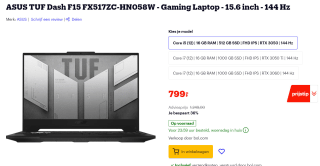 ASUS TUF Dash F15 FX517ZC-HN058W - Gaming Laptop - 15.6 inch - 144 Hz voor €799 bij Bol.com