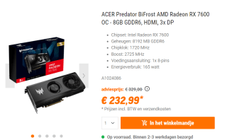 Acer Predator BiFrost AMD Radeon RX 7600 OC - Videokaart voor €232,99 bij Nbb