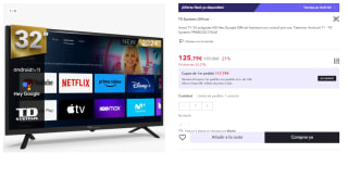 Smart TV 32 pulgadas TD Systems PRIME32C19GLE con HD Hey Google Official Assistant con control por voz. Televisor Android 11 por 125.79€ (Cuenta Nueva 113.79€)