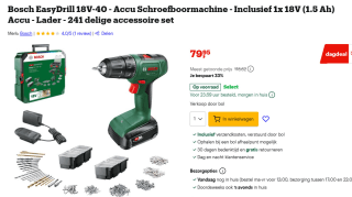 Bosch accuboormachine EasyDrill 18V-40: 1x accupack PBA 18V 2.0Ah W-B voor €79,95 bij Bol