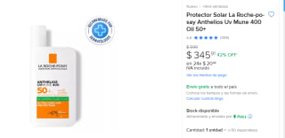 Protector Solar La Roche-Posay Anthelios Uv Mune 400 por $345.91 en Mercado Libre