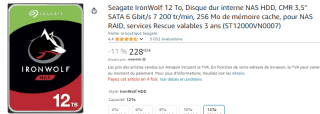 Disque dur interne Nas Seagate IronWolf 12 To à 228€