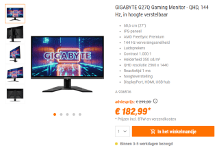 GIGABYTE G27Q QHD 144 Hz Gaming Monitor voor €182,99 bij NBB
