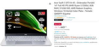 Ordenador Portatil Acer Swift 3 SF314-43-R1PS 14" Full HD por 449€