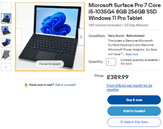 Purchase a refurbished Microsoft Surface Pro 7 with keyboard from eBay for £331.49