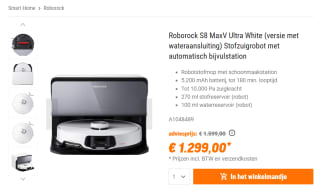 Roborock S8 MaxV Ultra 2,77 l Combi Wit robotstofzuiger met dweilfunctie voor €1.299 bij NBB