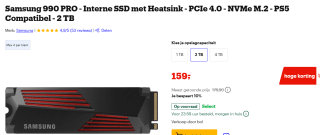 SAMSUNG 990 PRO 2TB Heatsink PCIe 4.0 NVMe™ M.2 SSD voor €159 bij Bol