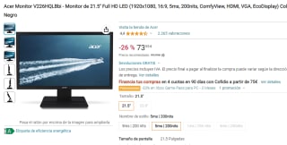 Acer Monitor V226HQLBbi de 21.5 pulgadas Full HD LED por 73,55€