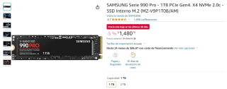 Samsung SSD Serie 990 Pro 1TB por $1,481 en Amazon