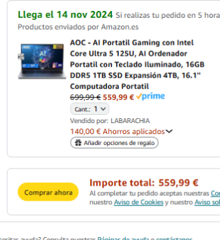 Portatil AOC con Intel Core Ultra 5 125U, AI, Teclado Iluminado, 16GB DDR5 1TB SSD Expansión 4TB, 16.1'' por 559,99€