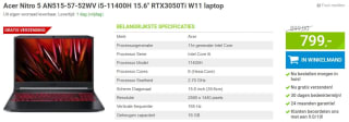 Acer Nitro 5 AN515-57-52WV i5-11400H 15.6" RTX3050Ti W11 laptop voor €799 bij Megekko