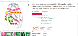 Mega pack Ariel Detergente Lavadora Liquido, 120 Lavados por 35.79€