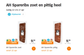 1+1 gratis op AH Spareribs zoet en pittig heel