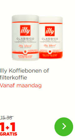 Illy Koffiebonen of filterkoffie 1+1 gratis bij de Plus