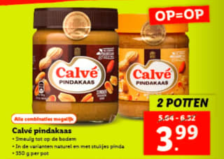 2 potten Calve pindakaas 700g voor €3,99 bij de Lidl