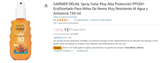 2 Botes de GARNIER DELIAL Spray Solar Muy Alta Protección FPS50+ EcoDiseñado Para Niños De Nemo Muy Resistente Al Agua y Antiarena 150 ml por 18.52€