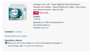 42 rollos Colhogar Just 1 Papel Higiénico Extra Absorbente de 5 Capas por 19,17€