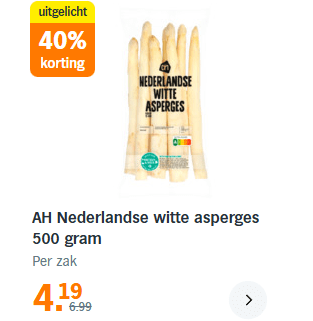 Nederlandse witte asperges 500 gram voor €4,19 bij de AH