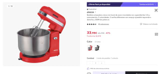 Batidora amasadora Jocca con bowl de acero inoxidable con capacidad de 3.5L y autorrotación, 5 velocidades por 33,98€