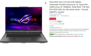 ASUS ROG Strix G16 G614JIR-N4004 - Ordenador Portátil Gaming de 16" Quad HD+ 240Hz (Core i9-14900HX, 32GB RAM, 1TB SSD, RTX 4070 8GB, Sin OS) por 1799€