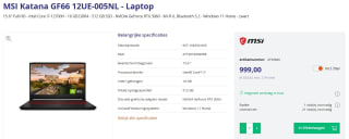 MSI Katana GF66 12UE-005NL - Laptop voor €999 bij Azerty