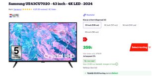 Samsung UE43CU7020 - 43 inch - 4K LED - 2024 voor €359 met bol select