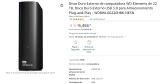Disco Externo WD Elements 22TB por $6,456 en Amazon