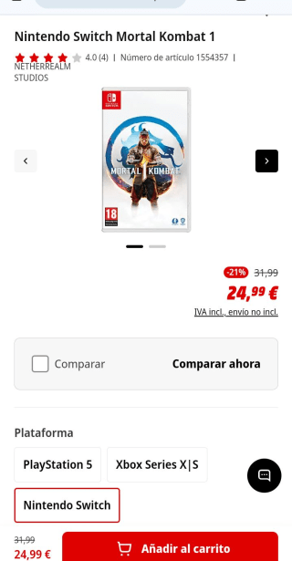 Juego Nintendo Switch Mortal Kombat 1 por 21,90€