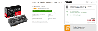 Carte graphique ASUS TUF Gaming Radeon RX 7900 XTX OC 24GO à 959,95€