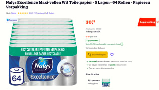 Nalys Excellence Maxi-Vellen Toiletpapier met 5 Lagen 64 rollen voor €30,35 bij Bol.com