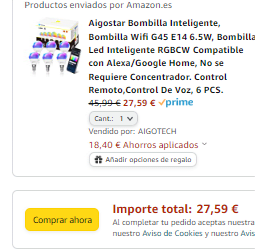 Pack 6 Bombillas inteligentes Wifi G45 E14 6.5W por 27,59€