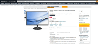 Monitor da Philips, modelo 27 com Bordas Ultrafinas - R$ 719