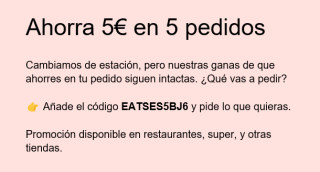 5€ descuento en tus proximos 5 pedidos superiores 20€ Uber Eats