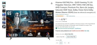 Hisense 65E7NQ Pro QLED Gaming TV, 65 Pulgadas, VRR 144Hz HSR 240 fps por 499€