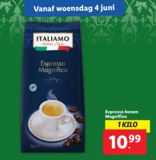 1 KG. Italiamo koffie bonen voor €10,99 bij de Lidl