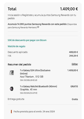 Oferta Samsung S24 Ultra + Watch6 regalo por 1409€